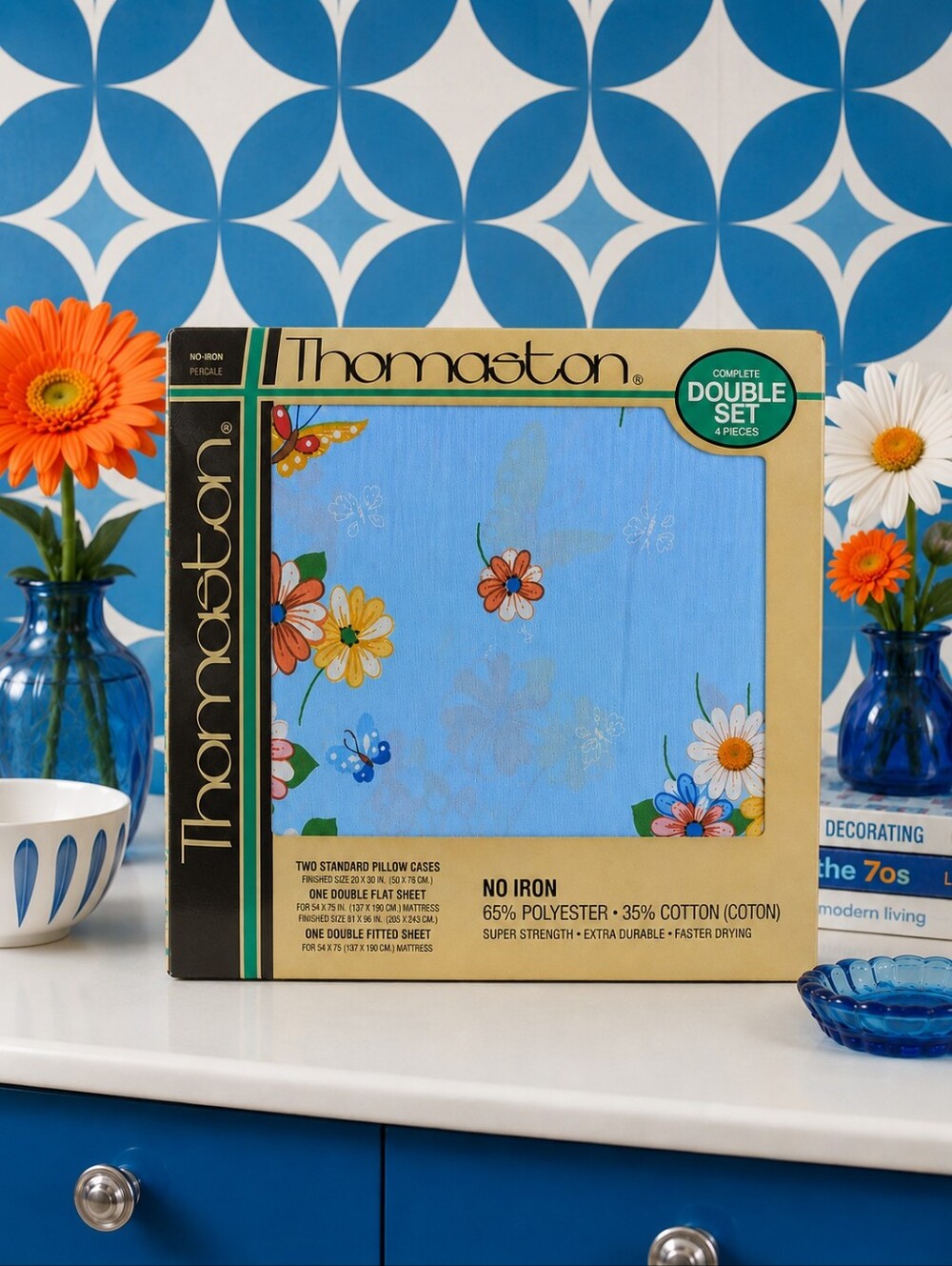 Vintage 70's Thomaston NEW Cottagecore Boho Sheet Set Butterfly Floral Blue